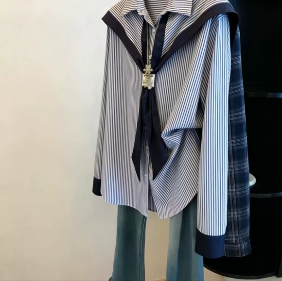 None Tops - Blue White Stripe Sailor Collar Shirt